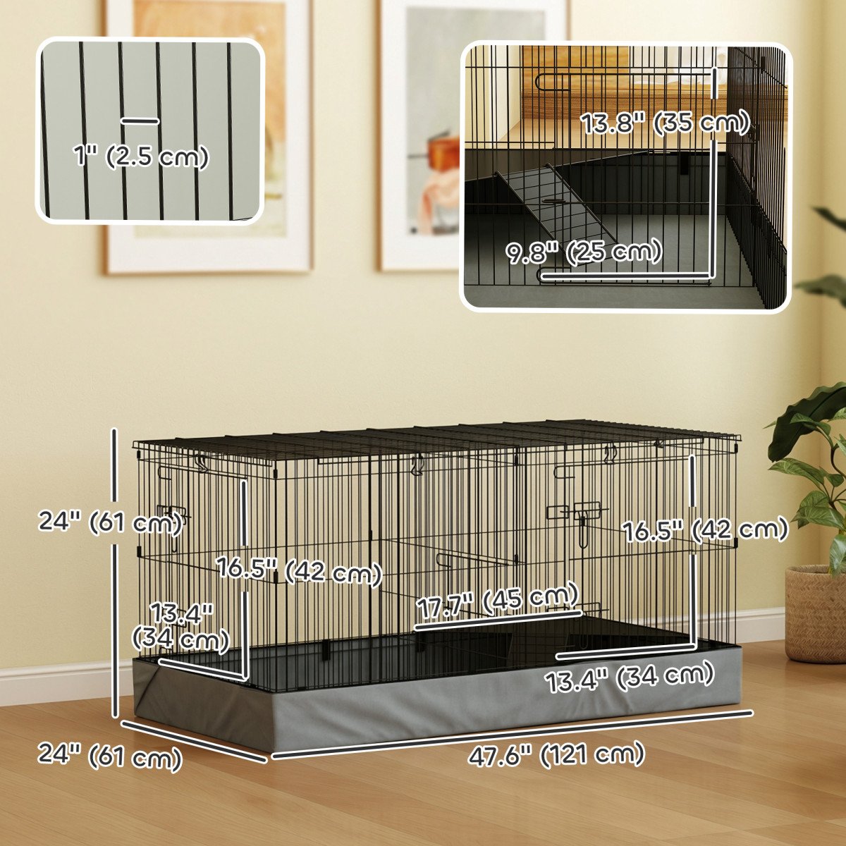 Guinea Pig Cage with Removable Top, 2 Separate Area, Waterproof Bottom Liner, Ramp, Perch, for Rabbits, Hedgehogs
