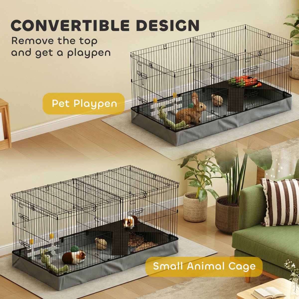 Guinea Pig Cage with Removable Top, 2 Separate Area, Waterproof Bottom Liner, Ramp, Perch, for Rabbits, Hedgehogs