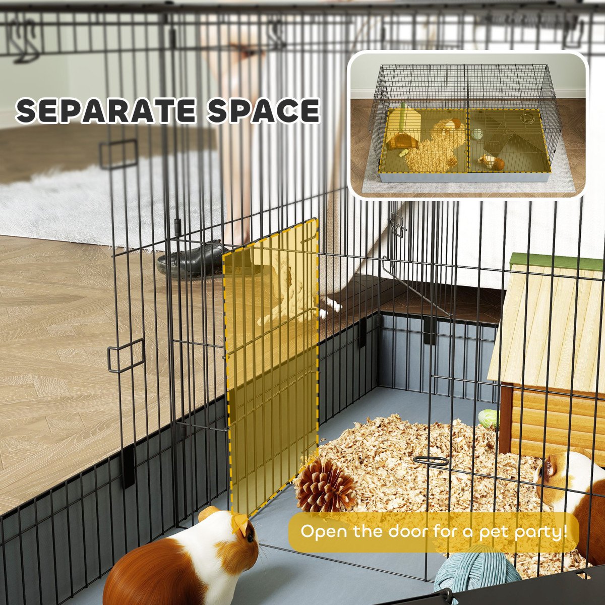Guinea Pig Cage with Removable Top, 2 Separate Area, Waterproof Bottom Liner, Ramp, Perch, for Rabbits, Hedgehogs