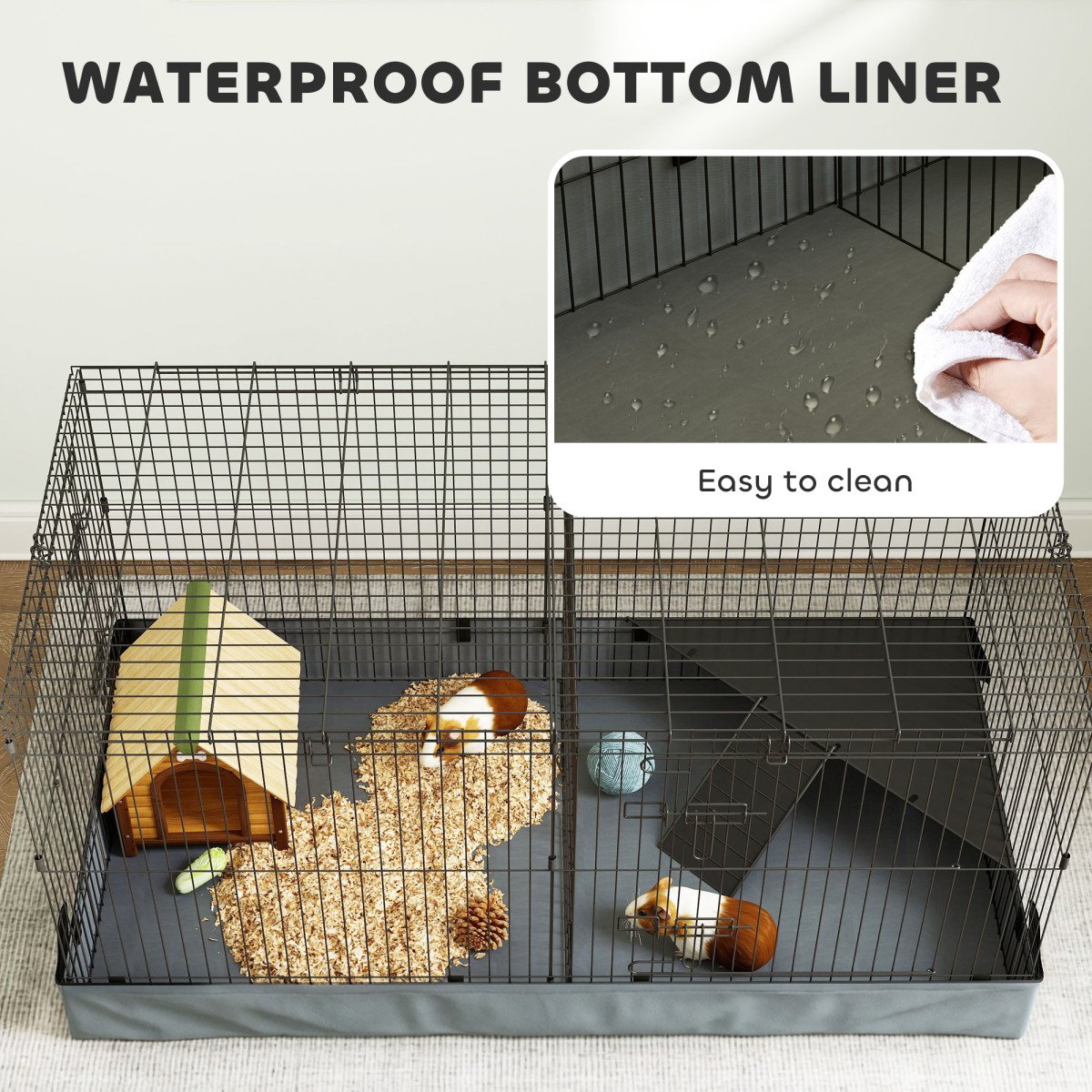 Guinea Pig Cage with Removable Top, 2 Separate Area, Waterproof Bottom Liner, Ramp, Perch, for Rabbits, Hedgehogs