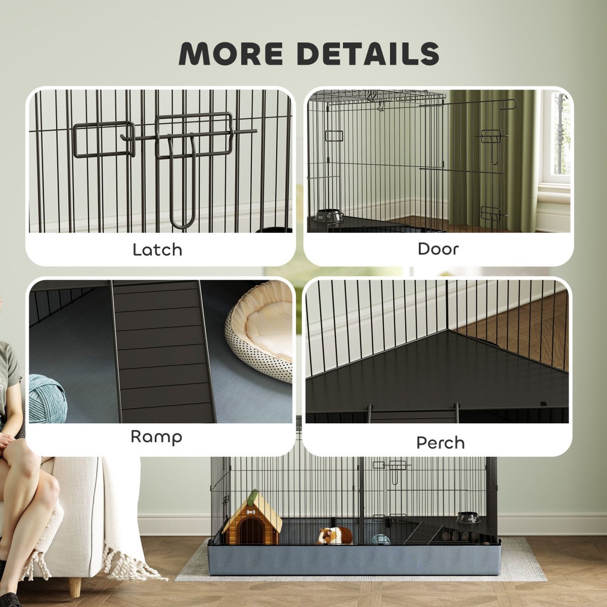 Guinea Pig Cage with Removable Top, 2 Separate Area, Waterproof Bottom Liner, Ramp, Perch, for Rabbits, Hedgehogs