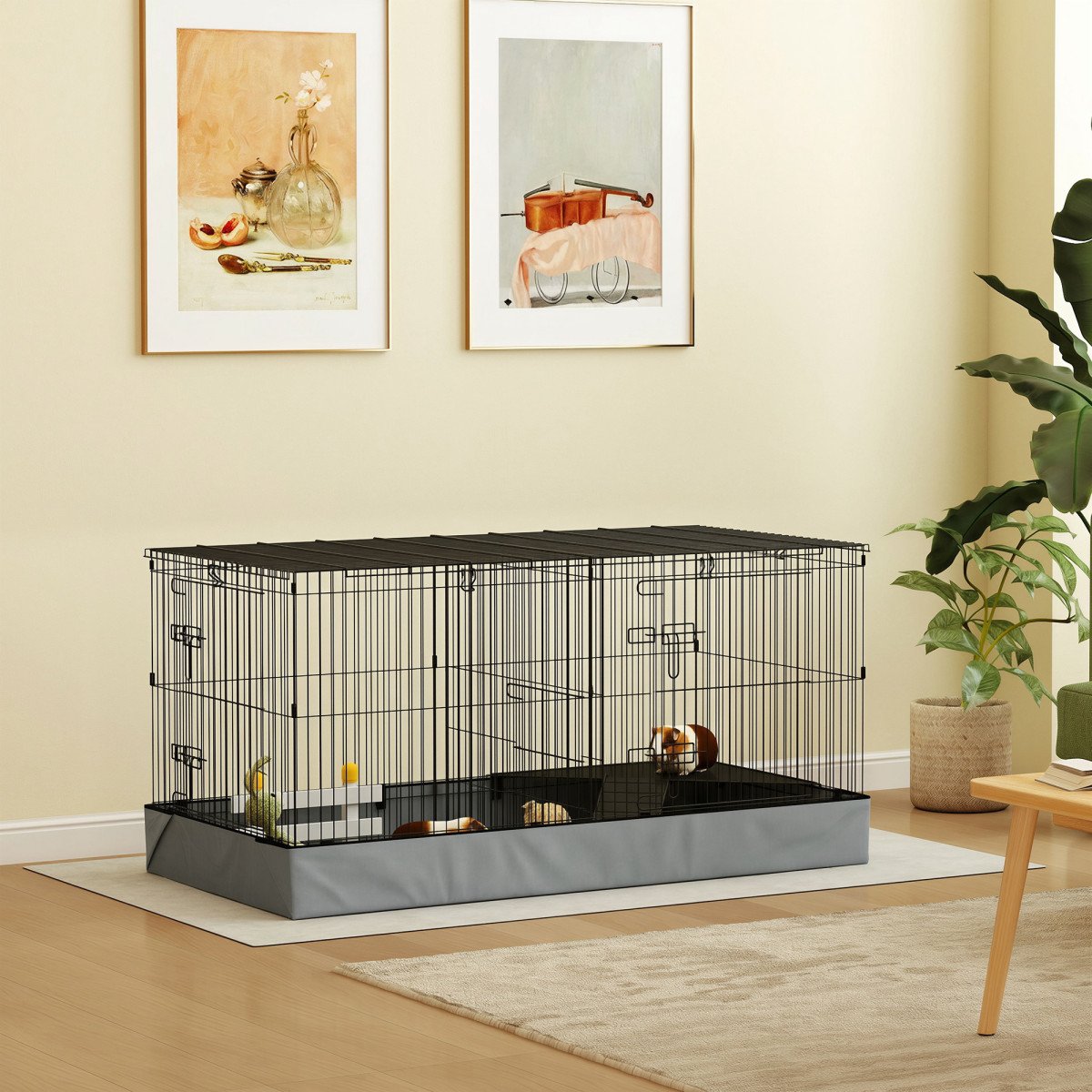 Guinea Pig Cage with Removable Top, 2 Separate Area, Waterproof Bottom Liner, Ramp, Perch, for Rabbits, Hedgehogs