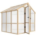 6.6 x 6ft Polycarbonate Greenhouse Wooden Green House with Thickened Polycarbonate Sheets, Lockable Door, Brown