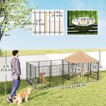 Outdoor Dog Kennel with Rotating and Adjustable Height Bowls, Waterproof UV-Resistant Cover, 11.3' x 4.7' x 5.1'