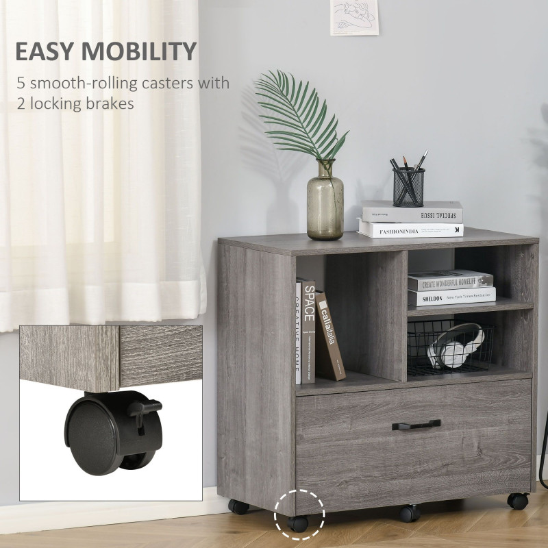 Lateral Filing Cabinet with Open Storage Shelf, Printer Stand, Mobile Office File Cabinet with Wheels for Letter and Legal Sized Files, Grey
