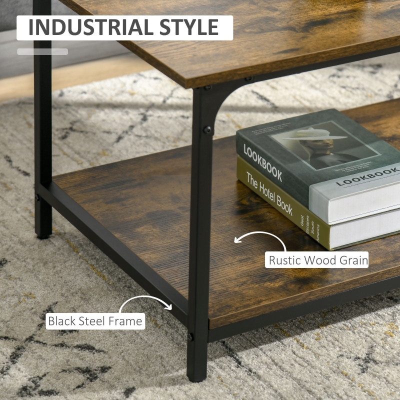 Industrial Coffee Table with Storage Shelf, 2-tier Center Table for Living Room, Rustic Brown