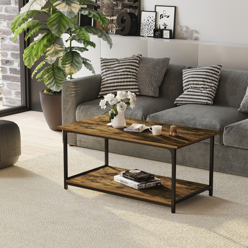 Industrial Coffee Table with Storage Shelf, 2-tier Center Table for Living Room, Rustic Brown