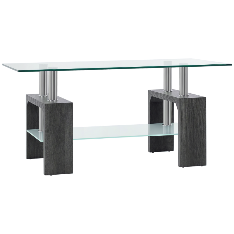 Rectangle Glass Coffee Table, 2-Tier Center Table with Tempered Glass Top and Storage Shelf for Living Room, Grey