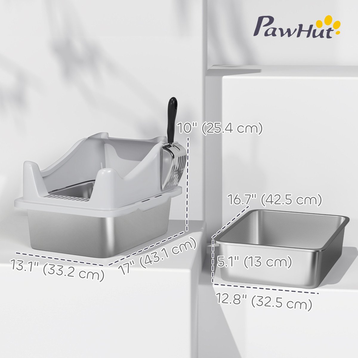Cat Litter Box Stainless Steel with Metal Litter Scoop, Never Absorbs Odors, Anti Leakage, 17" x 13" x 10", Grey