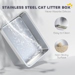 Cat Litter Box Stainless Steel with Metal Litter Scoop, Never Absorbs Odors, Anti Leakage, 17" x 13" x 10", Grey