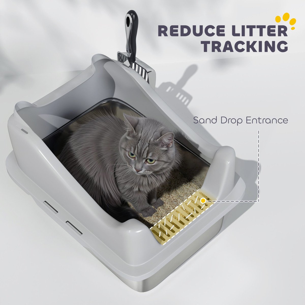 Cat Litter Box Stainless Steel with Metal Litter Scoop, Never Absorbs Odors, Anti Leakage, 17" x 13" x 10", Grey