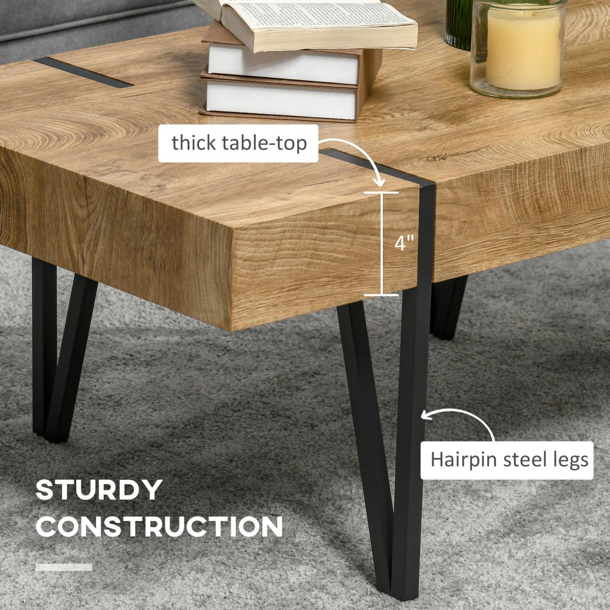Rustic Coffee Table, Rectangle Nature Central Table with Steel Hairpin Legs for Living Room