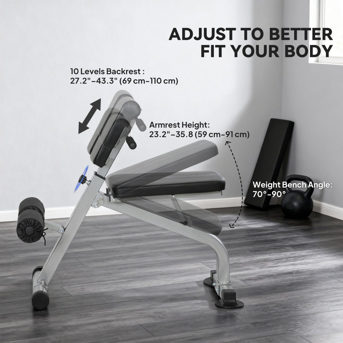 Soozier Roman Chair Back Extension Machine, Height Adjustable Hyperextension Bench, 38" x 26.8" x 27.2–43.3", Silver Tone
