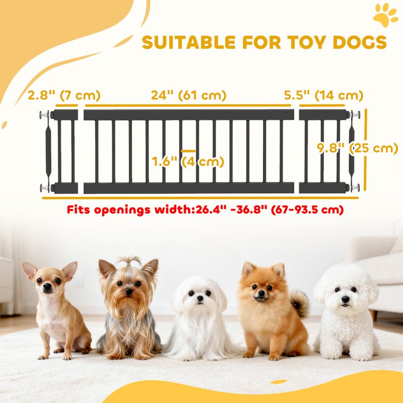 26"-37" Dog Gate, Adjustable Pet Gate, Fits 10" Tall with 2 Extension, Pressure Mount Kit for Stairs and Doorways, Black