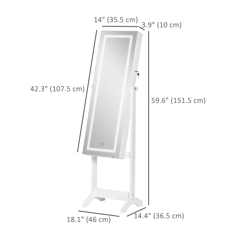 Lockable Jewelry Armoire with LED Light, Standing Mirror with Storage for Bedroom Dressing Room, White