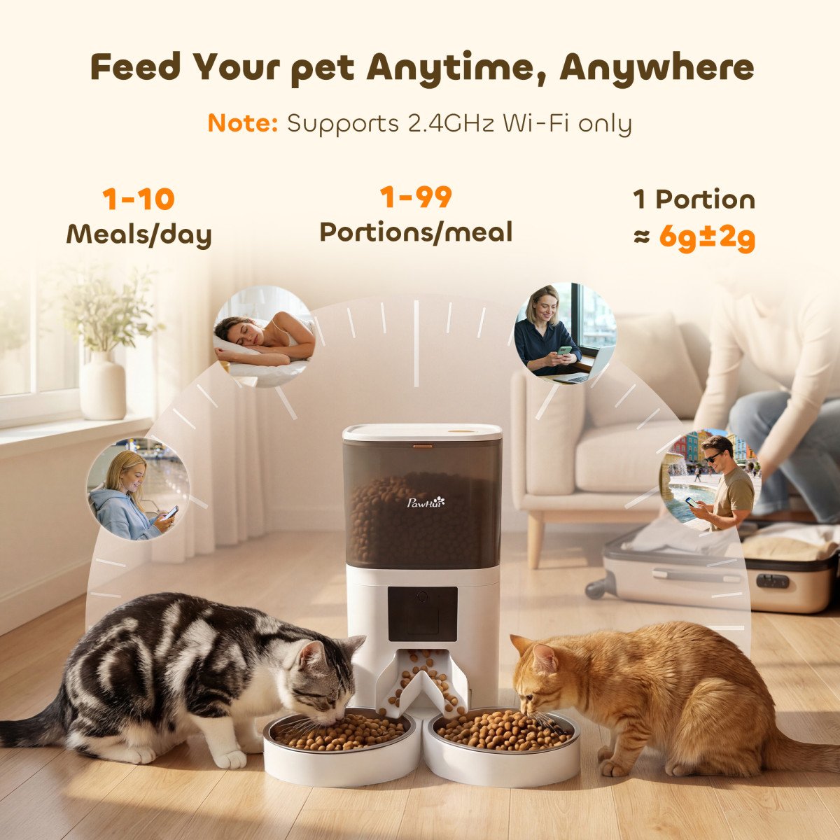 Automatic Cat Feeder for 2 Cats, 2.4G WiFi Pet Food Dispenser 6L APP Control