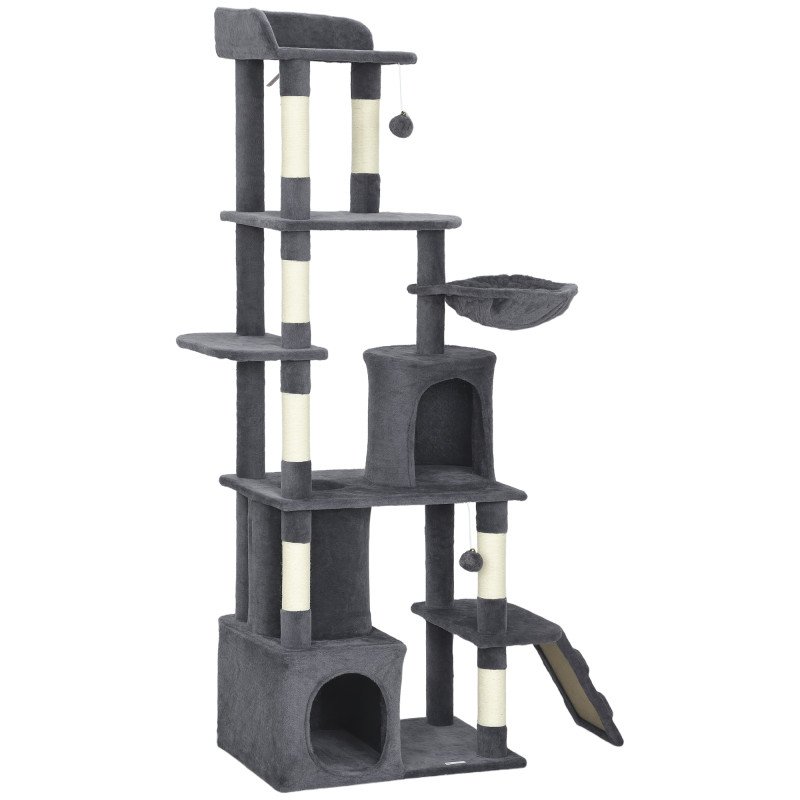 67" Large Cat Tree with 7 Scratching Posts, Tunnel, 2 Condos, Hammock, Perch, Ramp, Pompoms, Dark Grey