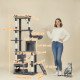 67" Large Cat Tree with 7 Scratching Posts, Tunnel, 2 Condos, Hammock, Perch, Ramp, Pompoms, Dark Grey