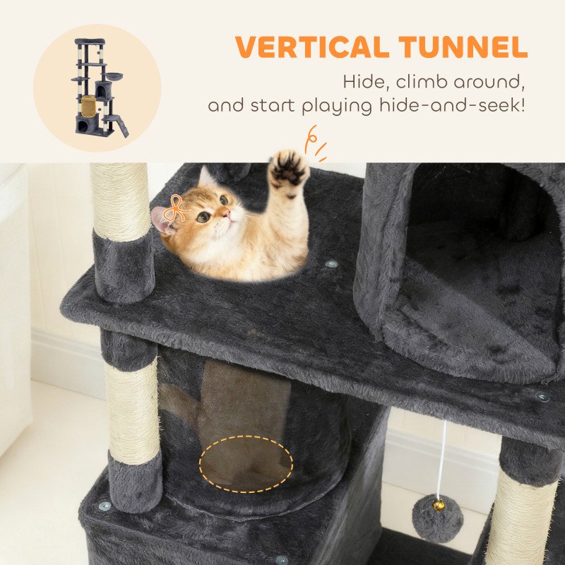 67" Large Cat Tree with 7 Scratching Posts, Tunnel, 2 Condos, Hammock, Perch, Ramp, Pompoms, Dark Grey