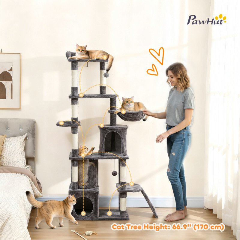 67" Large Cat Tree with 7 Scratching Posts, Tunnel, 2 Condos, Hammock, Perch, Ramp, Pompoms, Dark Grey