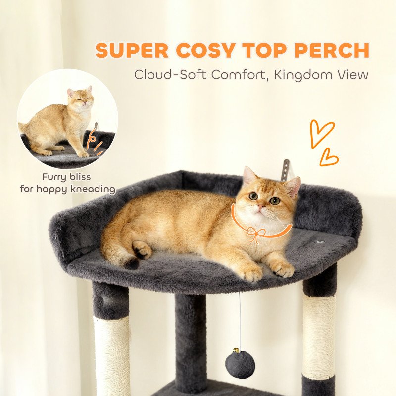 67" Large Cat Tree with 7 Scratching Posts, Tunnel, 2 Condos, Hammock, Perch, Ramp, Pompoms, Dark Grey