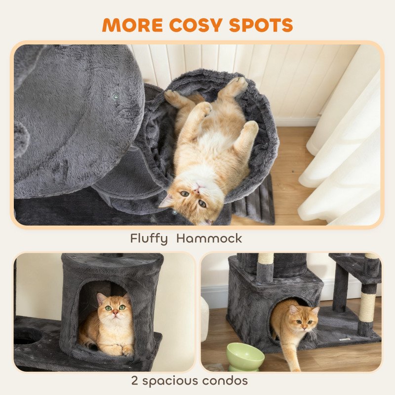 67" Large Cat Tree with 7 Scratching Posts, Tunnel, 2 Condos, Hammock, Perch, Ramp, Pompoms, Dark Grey