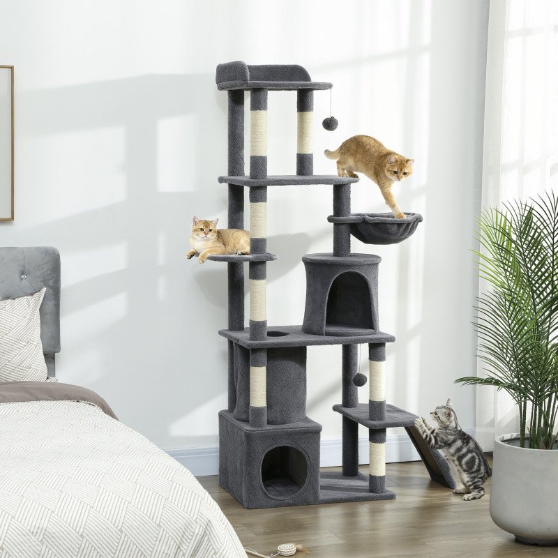 67" Large Cat Tree with 7 Scratching Posts, Tunnel, 2 Condos, Hammock, Perch, Ramp, Pompoms, Dark Grey