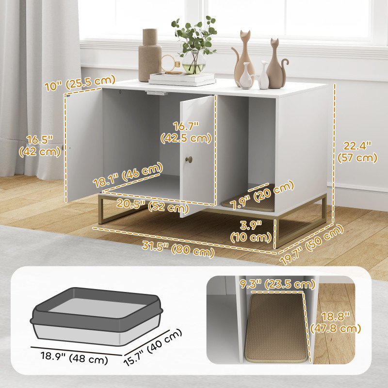 Cat Litter Box Enclosure with Tall Legs, Litter Mat, Fits Mots of Litter Box, 31.5" x 20" x 22", White