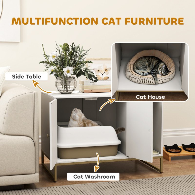 Cat Litter Box Enclosure with Tall Legs, Litter Mat, Fits Mots of Litter Box, 31.5" x 20" x 22", White