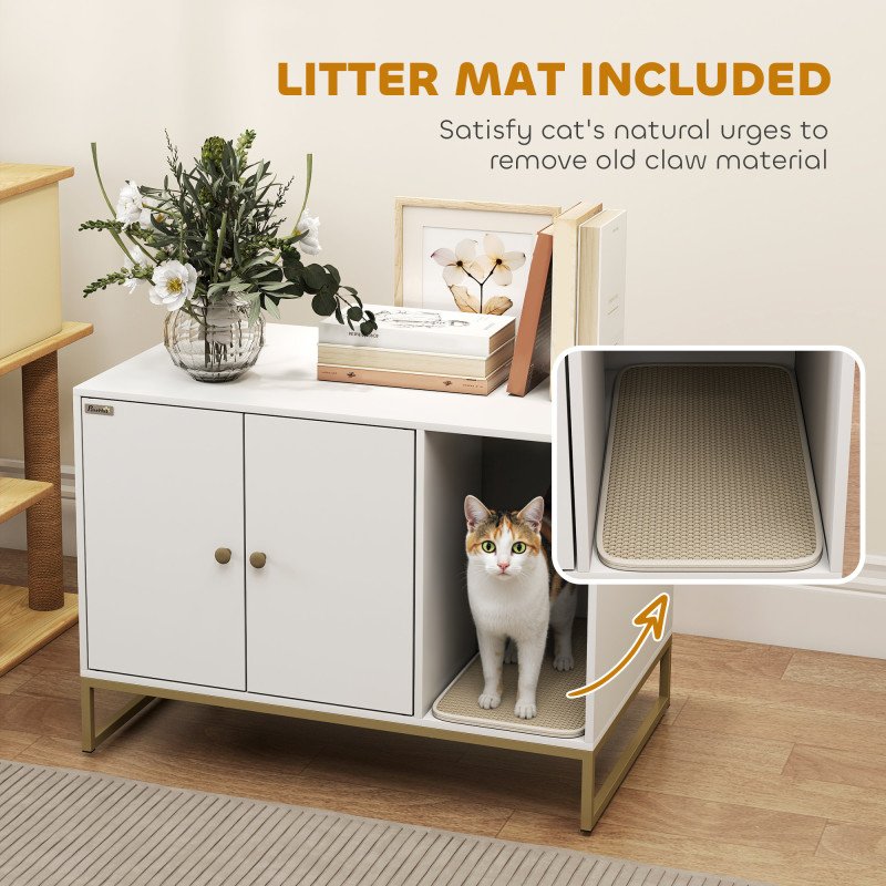 Cat Litter Box Enclosure with Tall Legs, Litter Mat, Fits Mots of Litter Box, 31.5" x 20" x 22", White