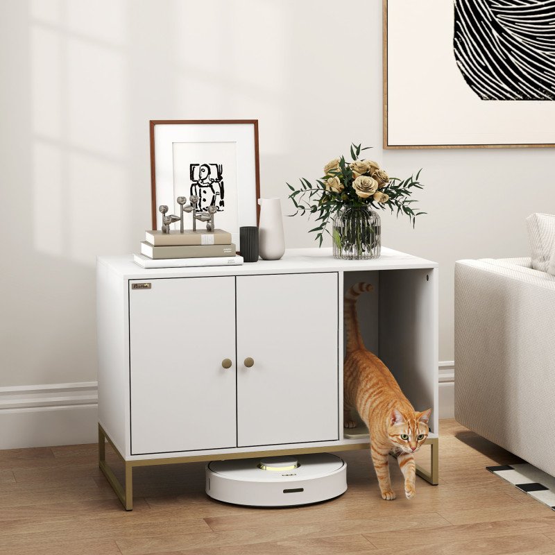 Cat Litter Box Enclosure with Tall Legs, Litter Mat, Fits Mots of Litter Box, 31.5" x 20" x 22", White