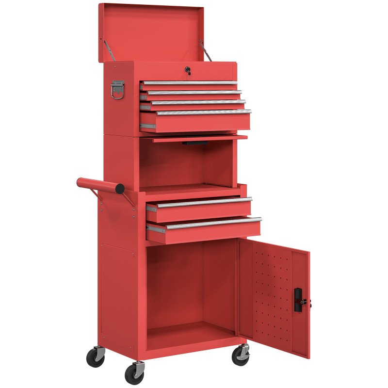 Large Tool Cabinet, 3-in-1 Rolling Tool Chest, Detachable Tool Storage Organizer with 6 Drawers and Pegboard, Red