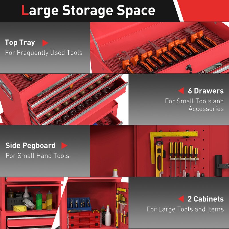 Large Tool Cabinet, 3-in-1 Rolling Tool Chest, Detachable Tool Storage Organizer with 6 Drawers and Pegboard, Red