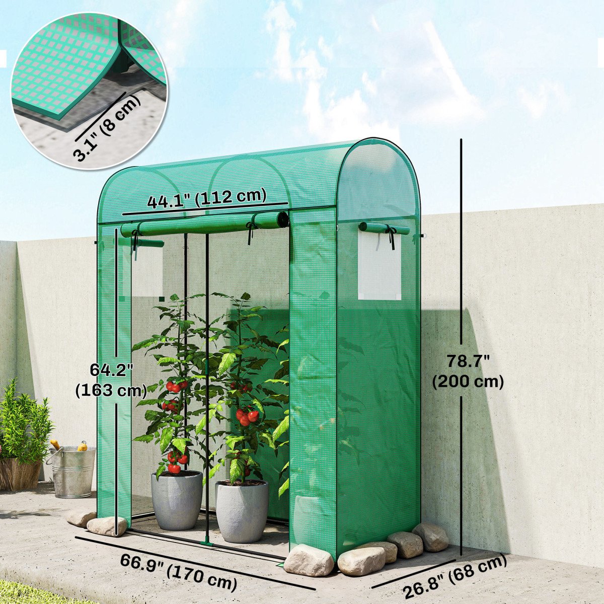 Mini Greenhouse, Portable Garden Green House with Roll-up Door and Mesh Windows, 6' x 2' x 6.6', Green