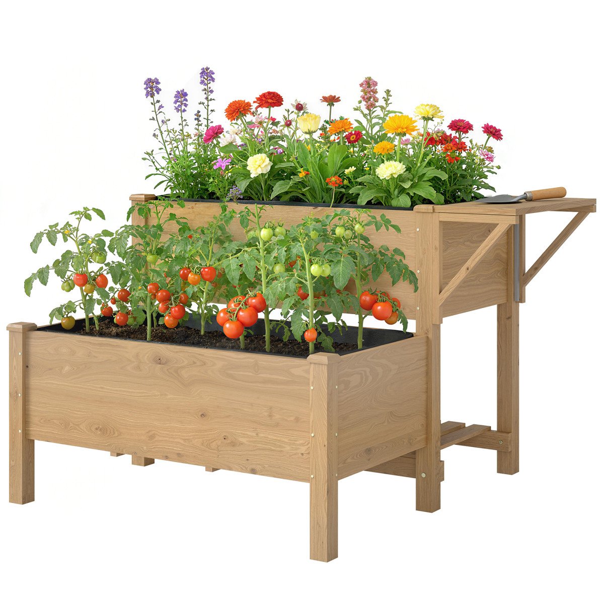 Wooden Raised Garden Bed, 2-Tier Raised Planter with Storage Shelf, Side Board, Drainage Holes and Liner