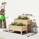 Wooden Raised Garden Bed, 2-Tier Raised Planter with Storage Shelf, Side Board, Drainage Holes and Liner