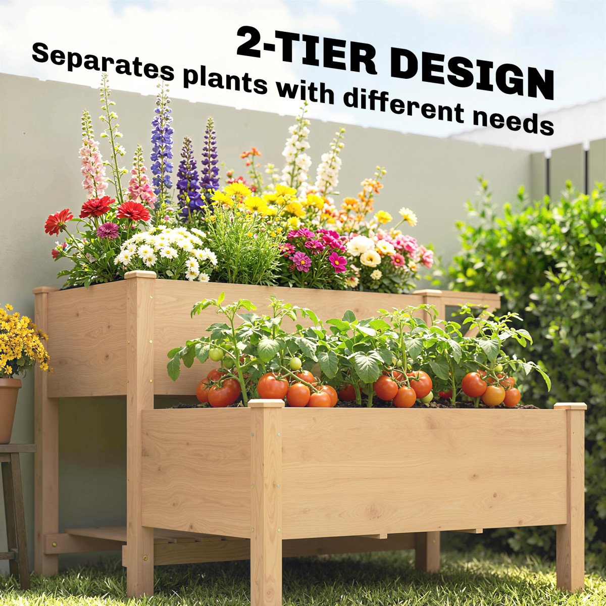 Wooden Raised Garden Bed, 2-Tier Raised Planter with Storage Shelf, Side Board, Drainage Holes and Liner
