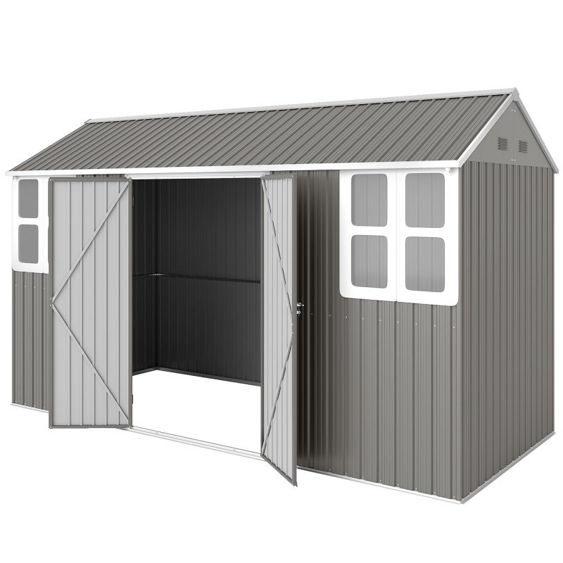 12' x 5.5' Metal Garden Storage Shed, Outdoor Tool Storage House with Lockable Door, Vents, Sloped Roof, Light Grey