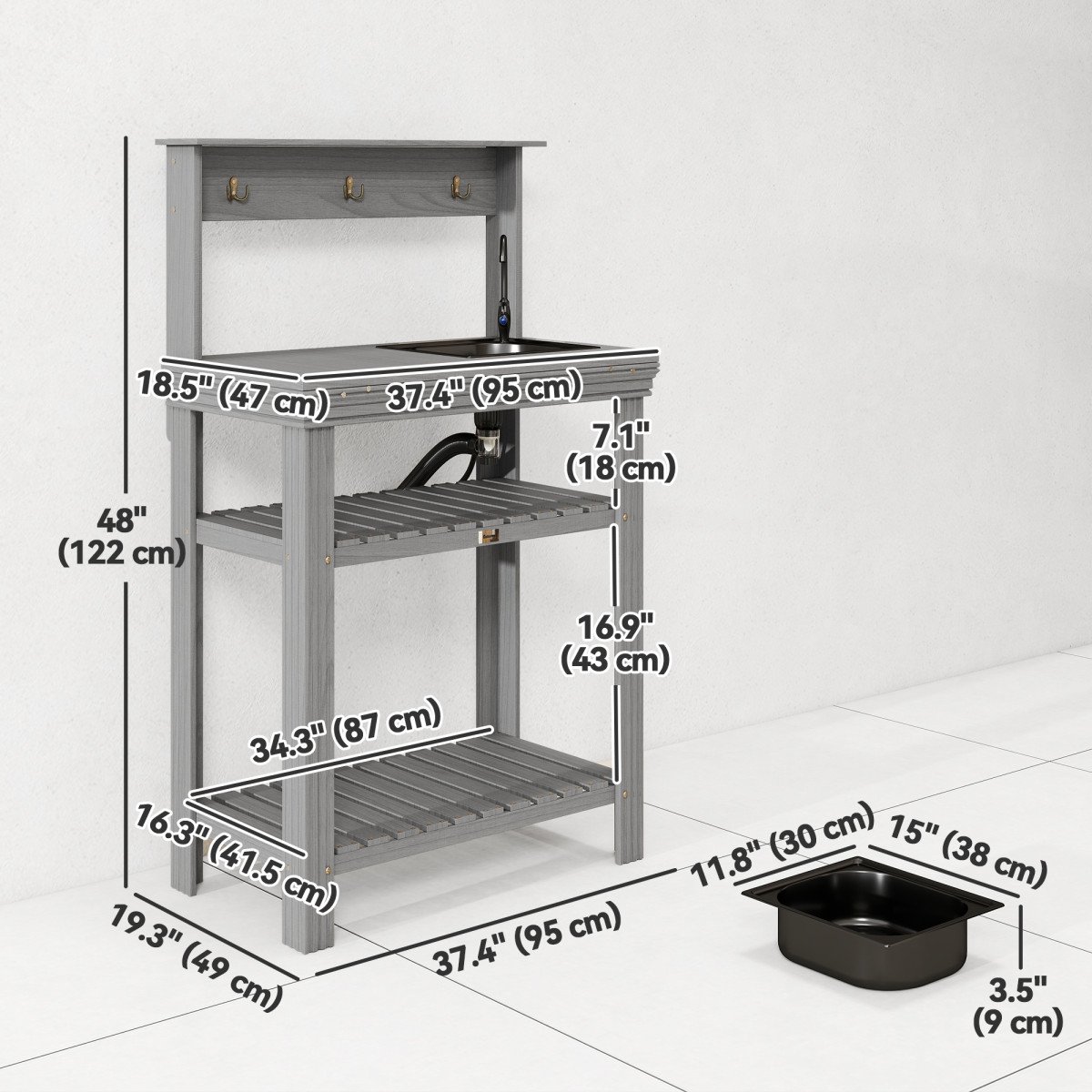 Outdoor Potting Bench Table with Faucet, Removable Sink, Hooks and Storage Shelves, Wood Work Bench Workstation, Grey
