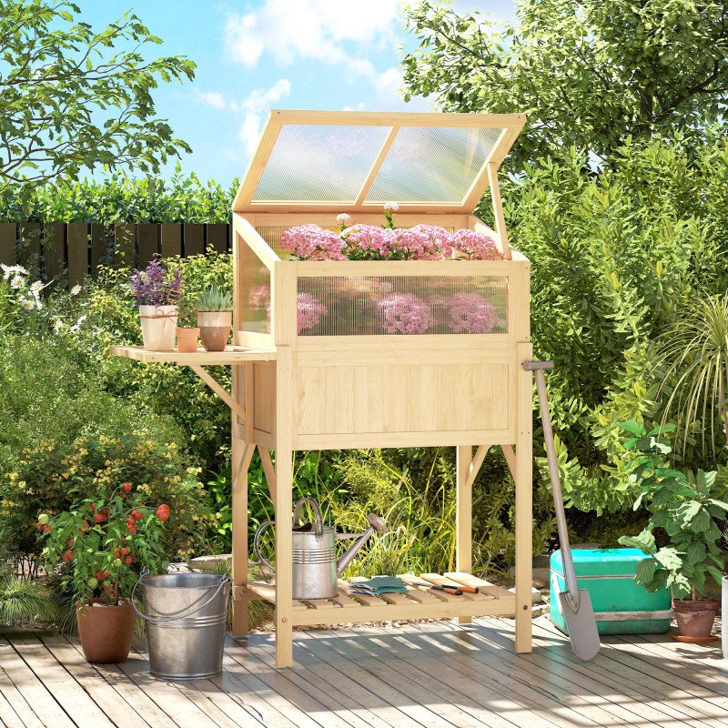 Raised Garden Bed Planter with Cold Frame, Wooden Elevated Planter Box with Folding Side Table and Shelf, Natural Wood