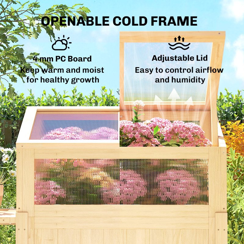 Raised Garden Bed Planter with Cold Frame, Wooden Elevated Planter Box with Folding Side Table and Shelf, Natural Wood
