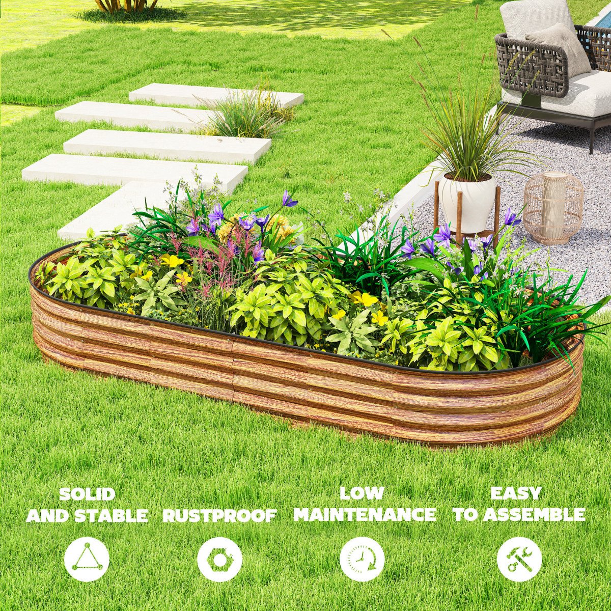7' x 3' x 1' Large Outdoor Planter Box, Galvanized Raised Garden Bed with Metal Plant Stake, Brown