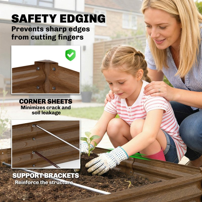 6 x 3 x 1ft Galvanized Raised Garden Bed, Reinforced Outdoor Planter Box with Open Bottom,, Wood-Effect