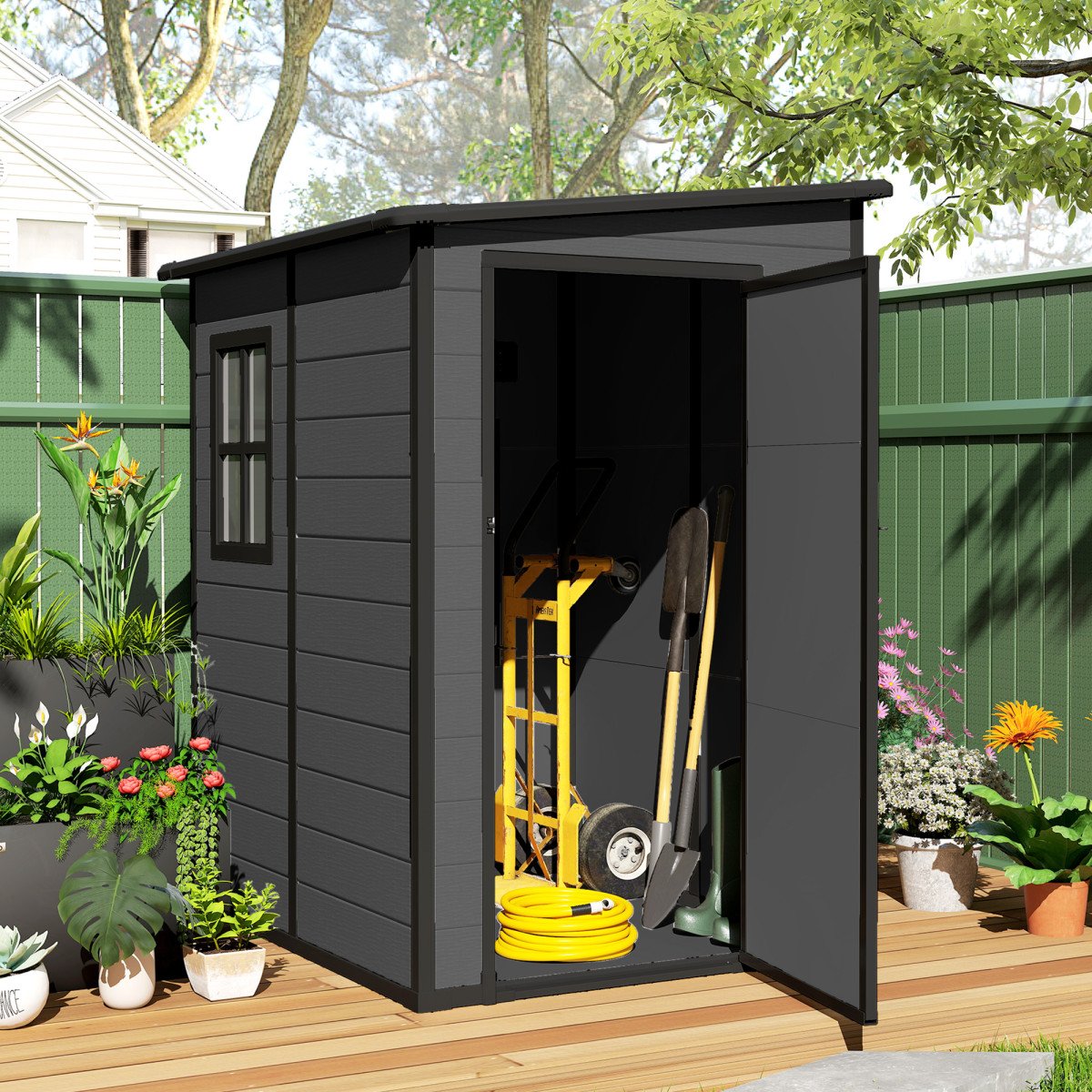 4'x5' Garden Storage Shed, Lean to Shed, Lockable Garden Tool Storage House with Window, Vent, Dark Grey