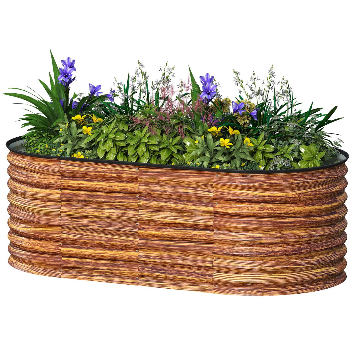 5 x 2.5 x 2 ft Galvanized Raised Garden Bed, Easy DIY Oval Planter Box with Safety Edging and Gloves, Brown Wood Effect