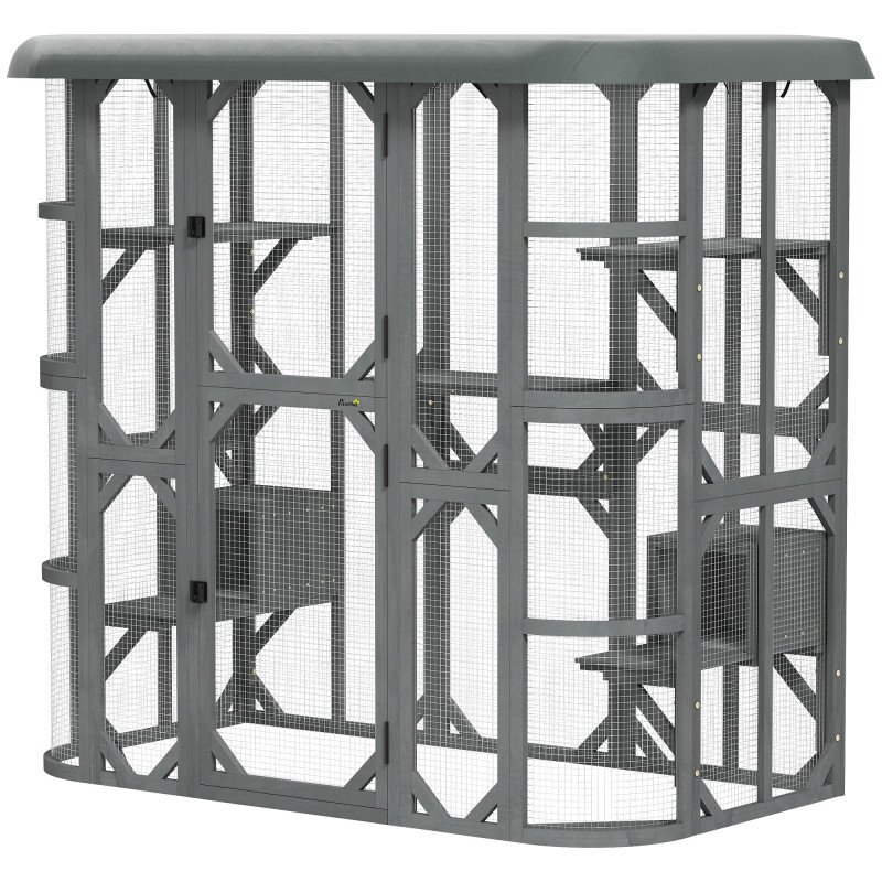 Catio Outdoor Cat Enclosure, 71" Wooden Cat House with Platforms, Condos and Waterproof Cover for 2–3 Kittens, Grey