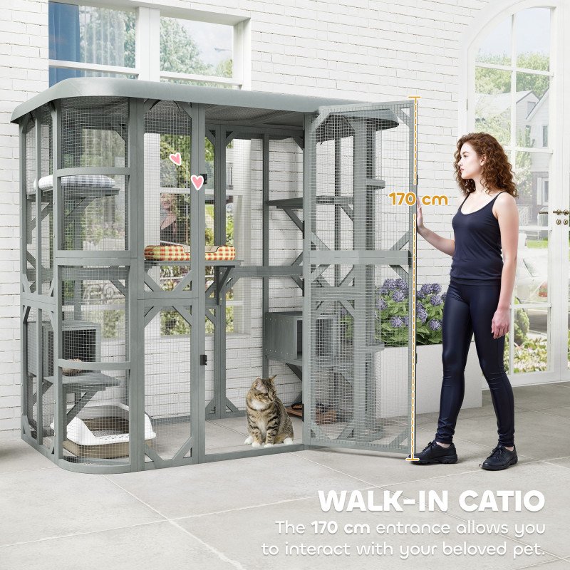 Catio Outdoor Cat Enclosure, 71" Wooden Cat House with Platforms, Condos and Waterproof Cover for 2–3 Kittens, Grey