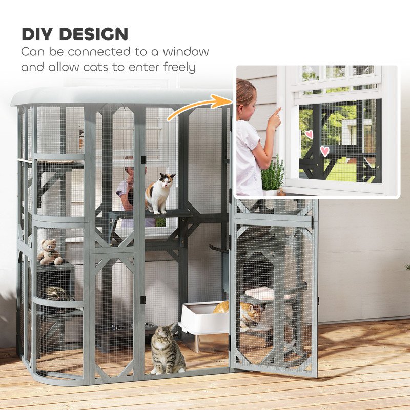 Catio Outdoor Cat Enclosure, 71" Wooden Cat House with Platforms, Condos and Waterproof Cover for 2–3 Kittens, Grey