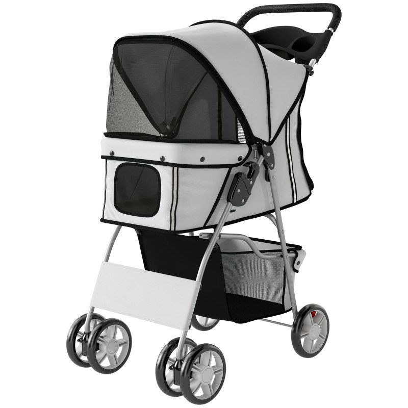 Pet Stroller for Dogs & Cats, Foldable Dog Stroller with Wheels, Reflective Strips, Brake, Pad and Basket, Grey