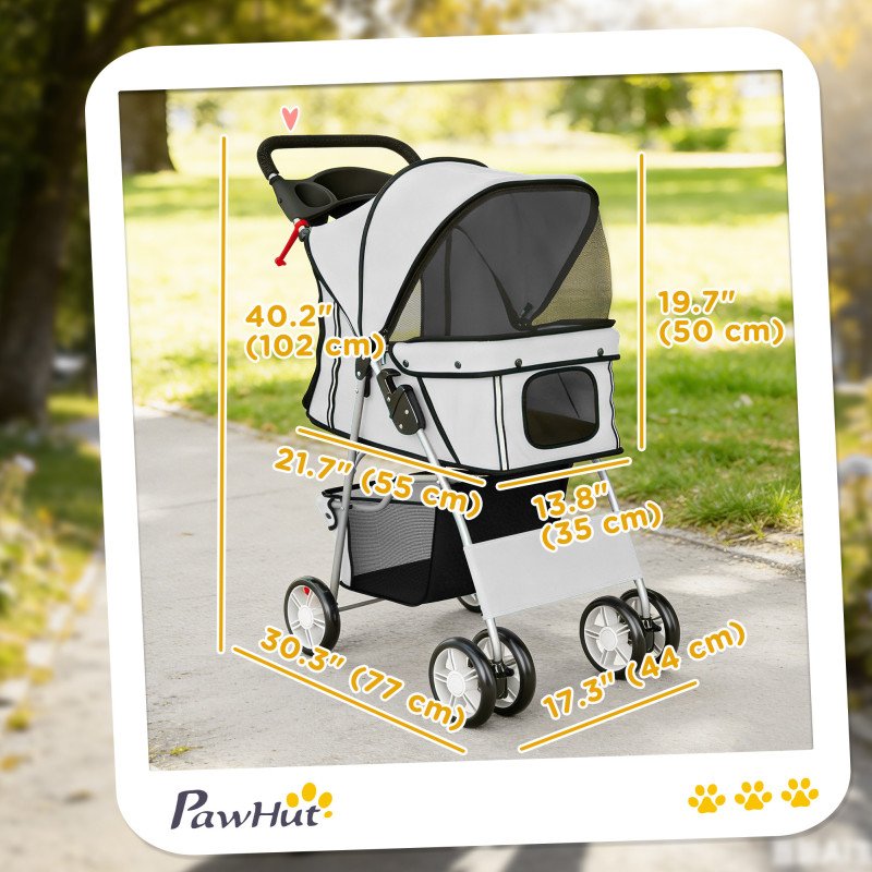 Pet Stroller for Dogs & Cats, Foldable Dog Stroller with Wheels, Reflective Strips, Brake, Pad and Basket, Grey